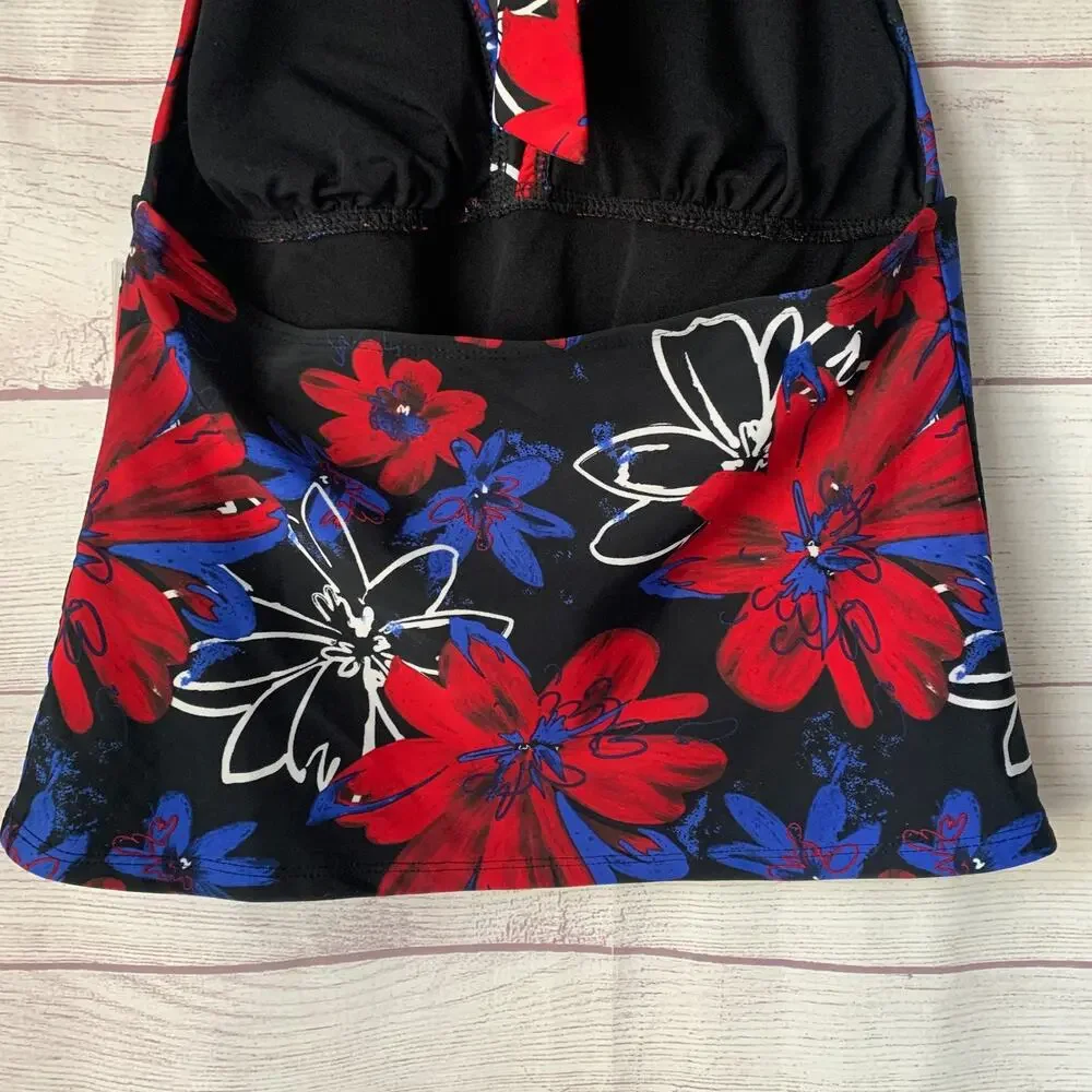 Catalina Floral Halter Tankini Swimsuit Top Red White Blue Size S (4-6)